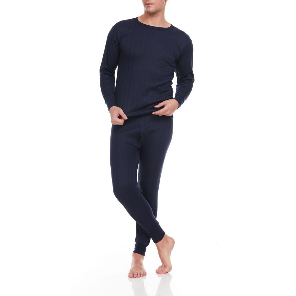Men Thermal Underwear Navy Blue Cotton Fleece Lined Long Johns Winter Base Layer - Picture 4 of 6